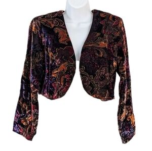 VINTAGE 80s Velour floral textured Cropped Jacket Black burgundy size Small @E